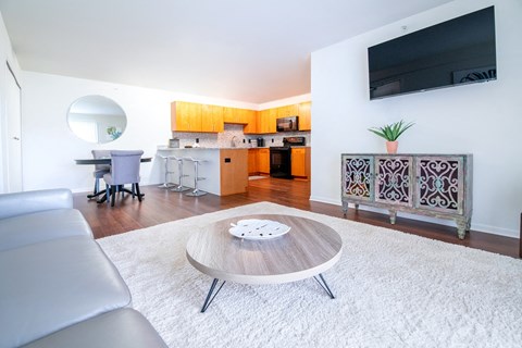 a living room with a couch and a coffee table